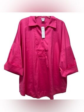 Chico's Top Shirt Blouse 3/4 Sleeve V Neck Dolman Popover Pink Poplin Women XL 3